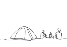 una línea dibujando personas acampando. los jóvenes disfrutan de actividades al aire libre con carpas y fogatas. exploración y acampada de aventuras. Hombre feliz emocionado por acampar en las montañas disfrutando de la naturaleza vector