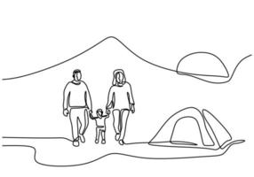 One line drawing of family camping. Happy father, mother, daughter, and son doing picnic with a tent in outdoor. Spend vacation time camping. Holiday in nature. Minimalism style. Vector illustration