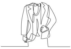 un dibujo de línea continua de chaqueta de hombre con pajaritas. varón joven con un código de vestimenta de fiesta en estilo elegante aislado sobre fondo blanco. padrino de boda en concepto de fiesta de boda. ilustración vectorial vector