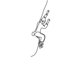 dibujo continuo de una línea del hombre haciendo escalada. Enérgico varón joven practica escalada en roca la cuerda por seguridad aislada sobre fondo blanco. personaje de un chico en escalada en roca. vector