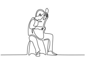 dibujo de una sola línea de joven tocando la guitarra en una fogata. un hombre que estaba acampando actuaba con una guitarra en una fogata aislada sobre fondo blanco. camping por concepto de vacaciones vector