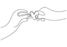 Continuous one line drawing of hands holding heart. Person's hand receives a symbol of love from someone else's hand isolated on white background. Love story theme. Vector  design illustration
