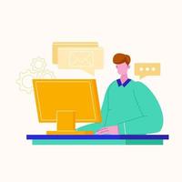 Vector flat illustration of man working on computer at his office desk. Concept of working at home.