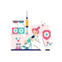 Vector illustration of doctor creating and researching vaccine. Save humanity concept.