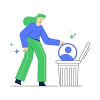 Vector illustration of delete a social media account. Women throws account data in the trash.