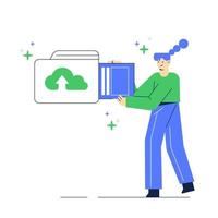 Vector illustration of cloud uploading and database servers. Secure file sharing. People isolated concept.