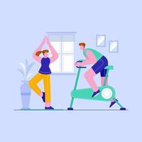 pareja hombre y mujer haciendo ejercicio en casa. ilustración vectorial de la actividad deportiva.