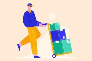 Vector illustration of delivery man with boxes. Fast delivery service concept.