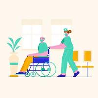 Vector illustration of professional medical team. Nurse helps people walk and ride wheelchair.