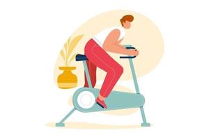 People exercise on bike, stationary cycling at home. Healthy lifestyle vector illustration concept.