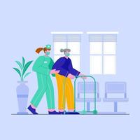 enfermera sosteniendo a anciana y caminando juntos en el hospital. Ilustración de vector de equipo médico