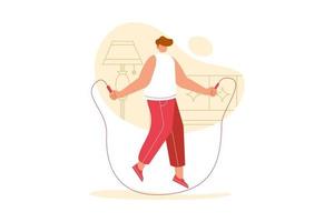 Vector illustration of people skipping rope at home. Exercise cartoon concept.