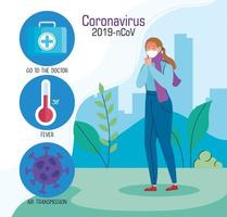 mujer joven con covid 19 síntomas infografía vector