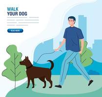 Man walking the dog in the park banner template vector