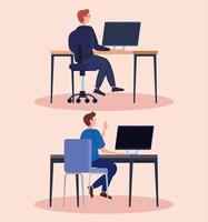 hombres en la computadora, trabajando en escritorios vector