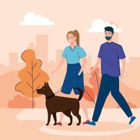 Couple walking the dog in the park vector