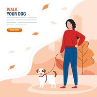 woman walking the dog in the park banner template vector