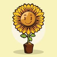 Diseño de ilustración de vector de sonrisa de girasol aislado sobre fondo amarillo