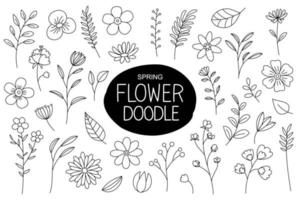 Spring flowers doodle in hand drawn style. Floral and leaves elements with spring flowers collection. vector