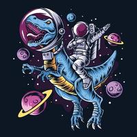 The astronaut drives the t-rex dinosaurs in the outer space full of stars and planets vector