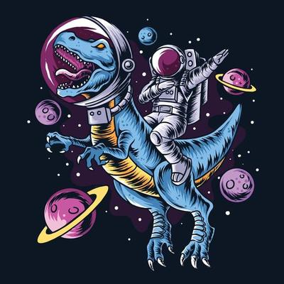 The astronaut drives the t-rex dinosaurs in the outer space full of stars and planets