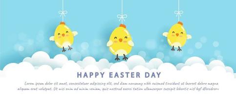 happy Easter with little chickens in paper cut style. vector