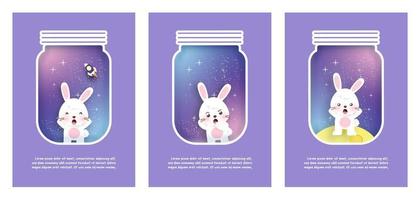 Set of card with cute rabbits in galaxy background. paper cut and craft style vector