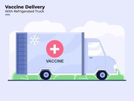 Flat style illustration of Covid-19 Coronavirus Vaccine Delivery or Distribution with Refrigerator truck vector
