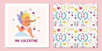 Cupido divertido con arco, halo y corazones. ángel, querubines, niño, bebé. Día de San Valentín. patrón sin costuras, textura. diseño de tarjetas de felicitación. vector