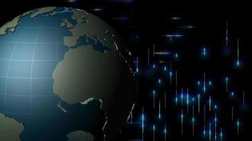 An earth globe rotates in front of streaming blue data. Video loop.