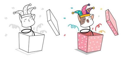 Cute jester cat head on spring in gift box cartoon coloring page vector