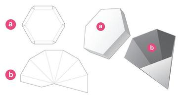 Hexagonal pylon shaped box and lid die cut template vector