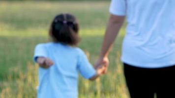 madre felice con la figlia che camminano insieme in giardino al tramonto video