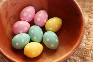 Easter concept with eggs in wooden bowl
