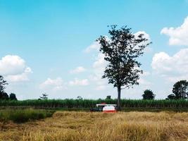 Cosechadora en un campo con cielo azul nublado foto