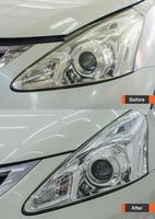 Before and after cleaning and polish car headlights photo