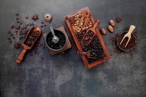 Roasted coffee on a gray background photo