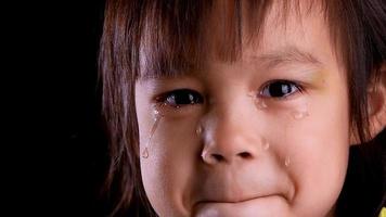 Close-up face portrait of sad little child crying with tears video