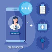 médico en el teléfono inteligente, concepto de medicina en línea con iconos médicos vector