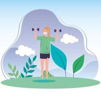 Woman exercising outdoors with a face mask vector