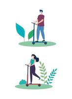 People doing outdoor activities with face masks vector