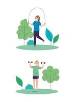 Women doing outdoor activities with face masks vector