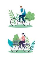 People riding bikes outdoors activities with face masks vector