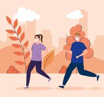 Couple running outdoors with face masks vector