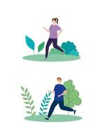 People doing outdoor activities with face masks vector