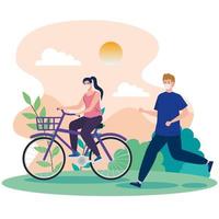 Couple doing outdoors activities with face masks vector