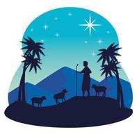 Merry Christmas and nativity with shepherd and sheeps vector