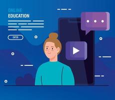 Online education technology with woman and smartphone vector