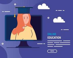 Online education technology with woman and computer banner vector