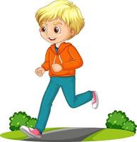 Boy doing running exercise cartoon character isolated vector